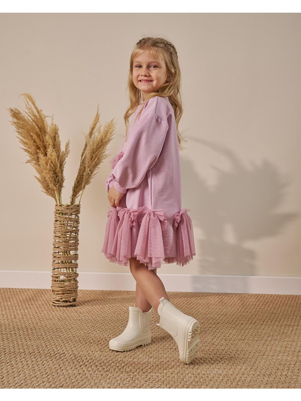 Kız Çocuk Pamuklu Lila Balerin Baskılı Tüllü Elbise – Fiyonk Detaylı-2