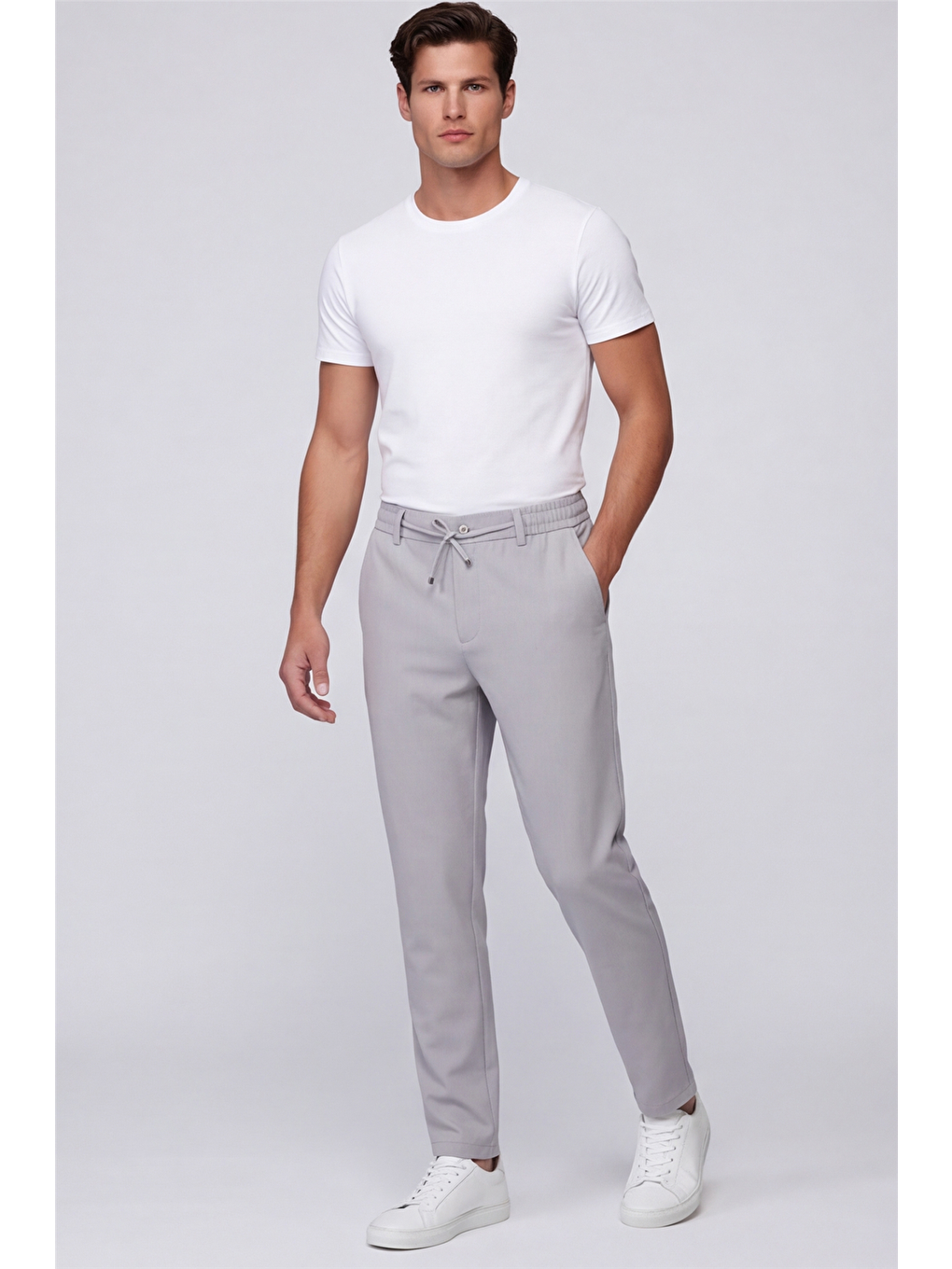 Erkek Açık Gri Normal Kesim Regular Fit Pamuklu Armürlü Bel Lastikli Jogger Pantolon-3