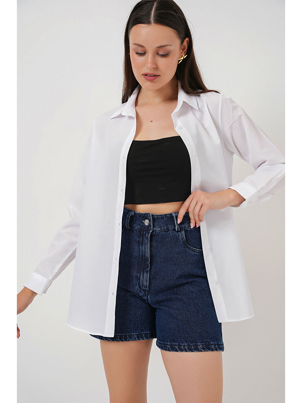 Kadın Uzun Kol Basic Gömlek 20279 - Beyaz-3