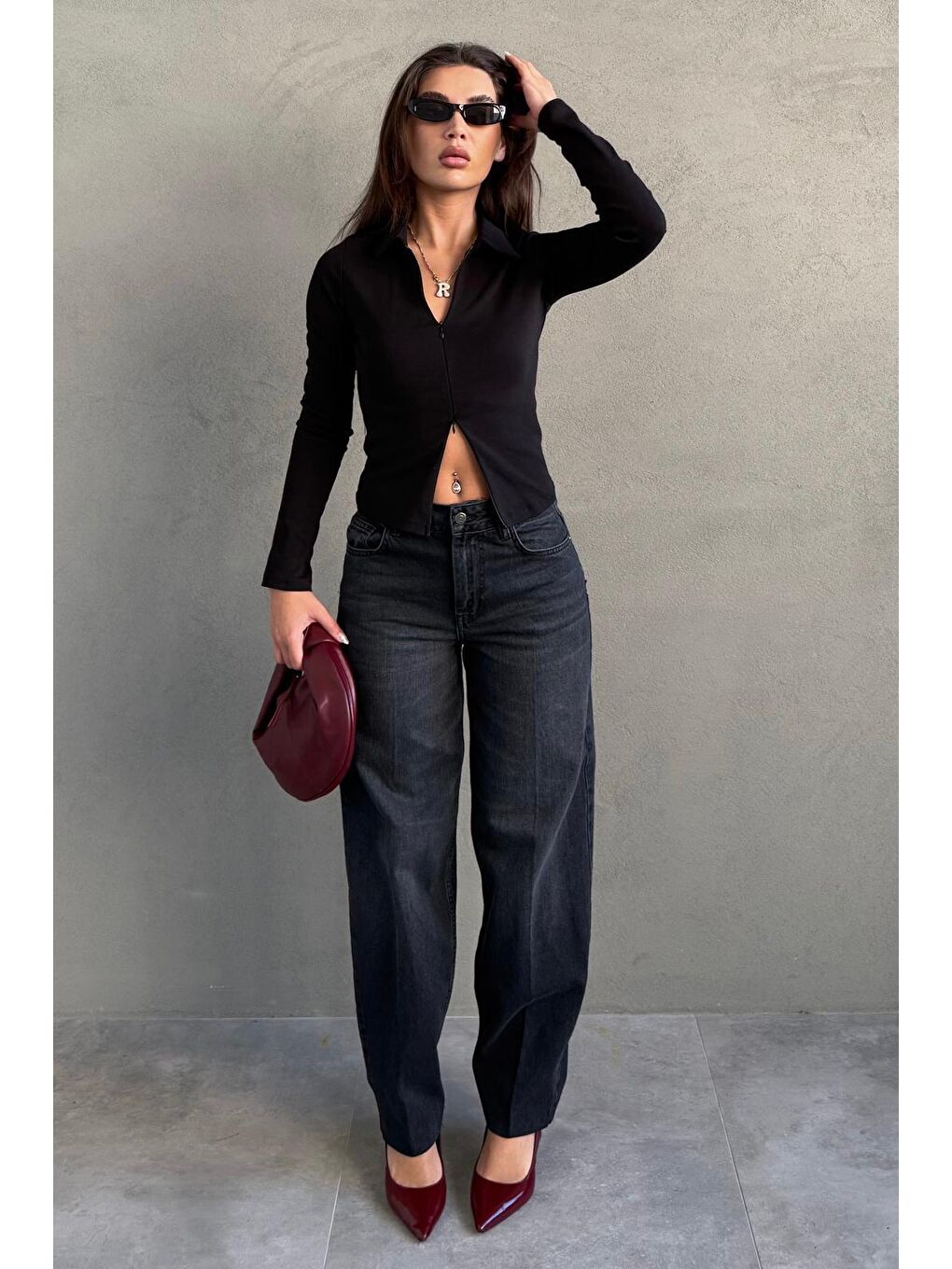 Antrasit Geniş Paça Yüksek Bel Kadın Wide Leg Jean Mg2623-7