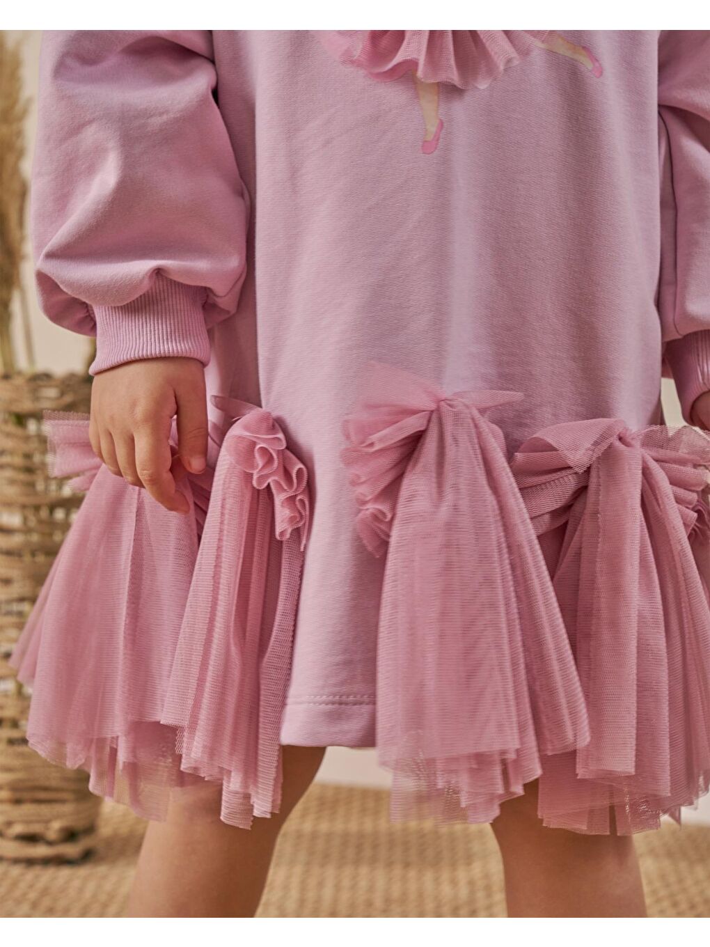 Kız Çocuk Pamuklu Lila Balerin Baskılı Tüllü Elbise – Fiyonk Detaylı-4