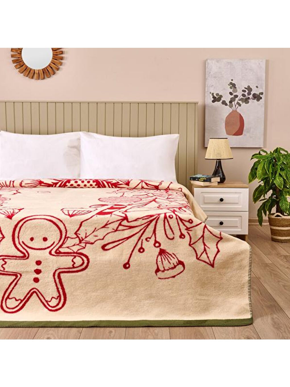 Lila Soft Kurabiye Adam Pamuklu Çift Kişilik Battaniye - Kırmızı / Ekru - 200x220 cm