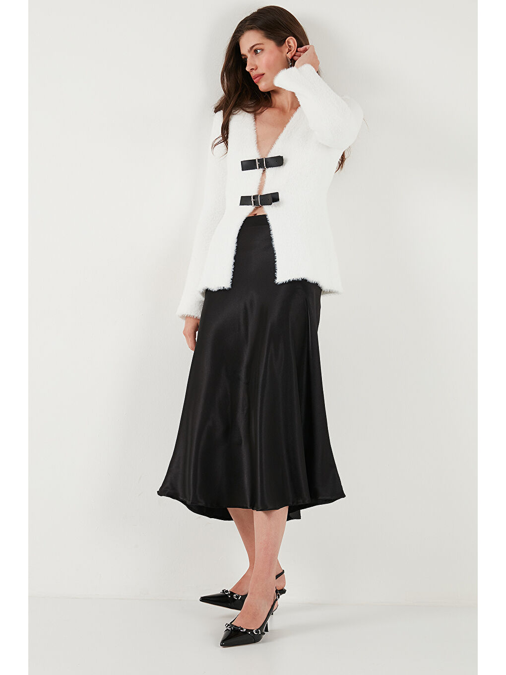 Ekru Premium Regular Fit V Yaka Çift Kemerli Pelüş Hırka 680HI00112-2