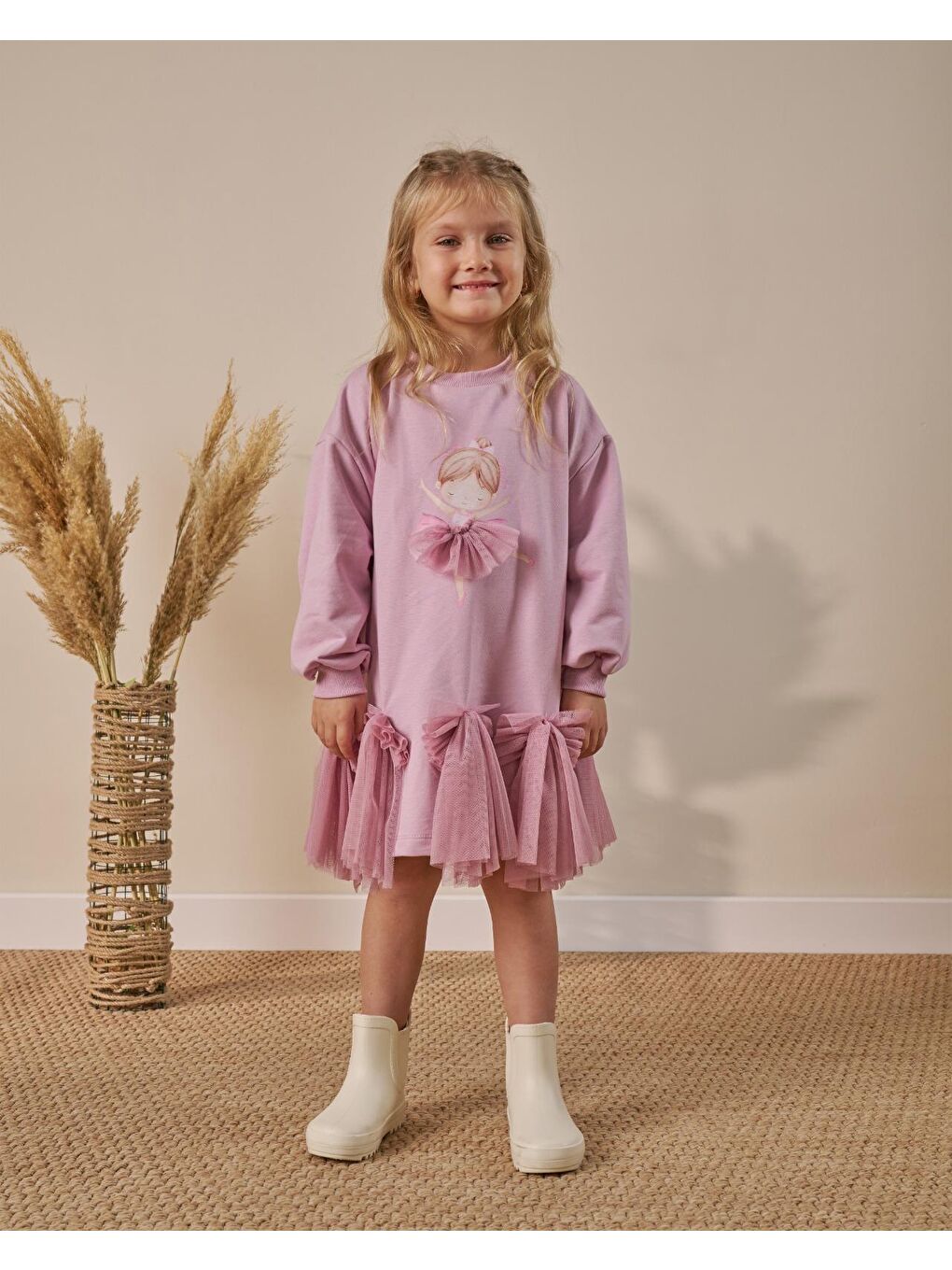 Kız Çocuk Pamuklu Lila Balerin Baskılı Tüllü Elbise – Fiyonk Detaylı-5