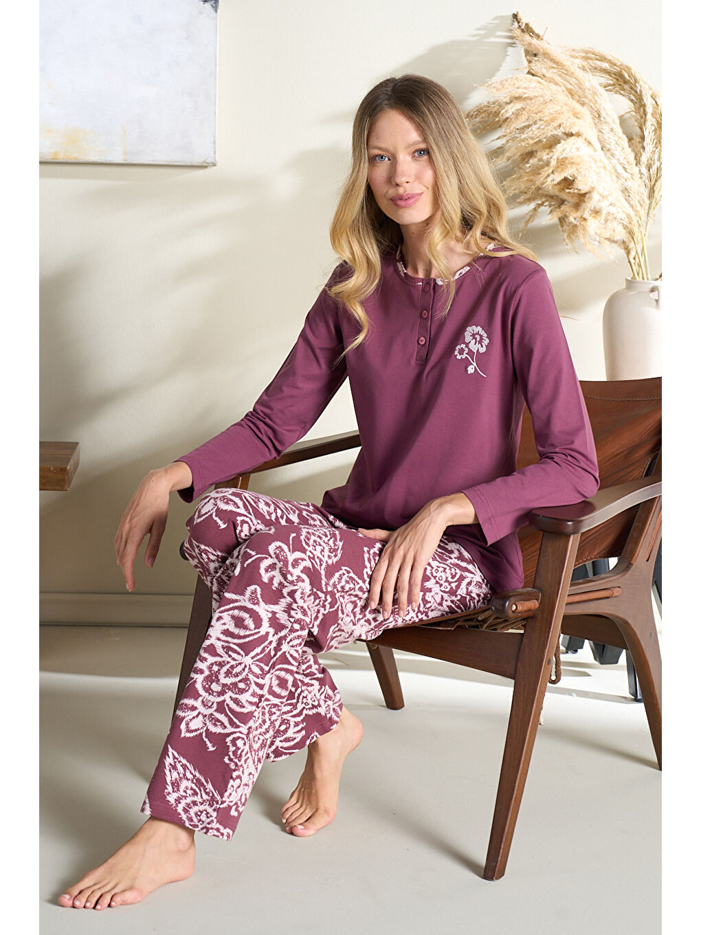 Büyük Beden Kadın Penye Uzun Kol Pijama Takımı 3124 Mürdüm-2