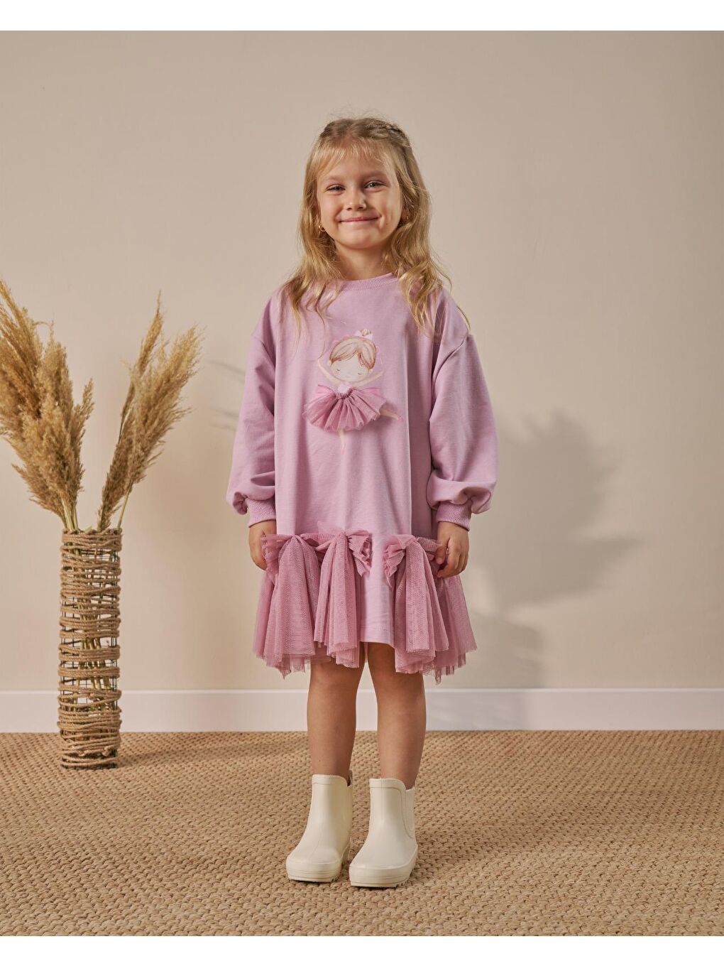 Kız Çocuk Pamuklu Lila Balerin Baskılı Tüllü Elbise – Fiyonk Detaylı-6
