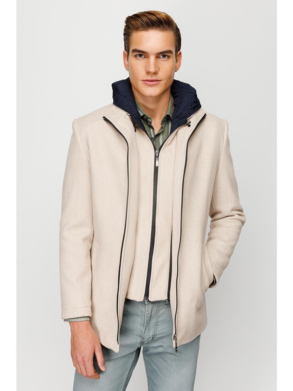 Erkek Bej Kapüşonlu Kaban