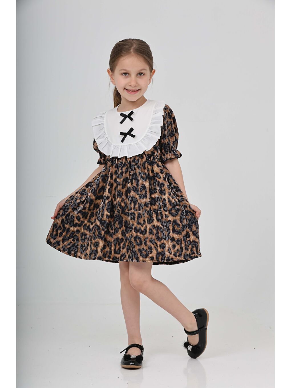 Siyah Kız Çocuk Leopar Leopar Desenli Elbise - 27218