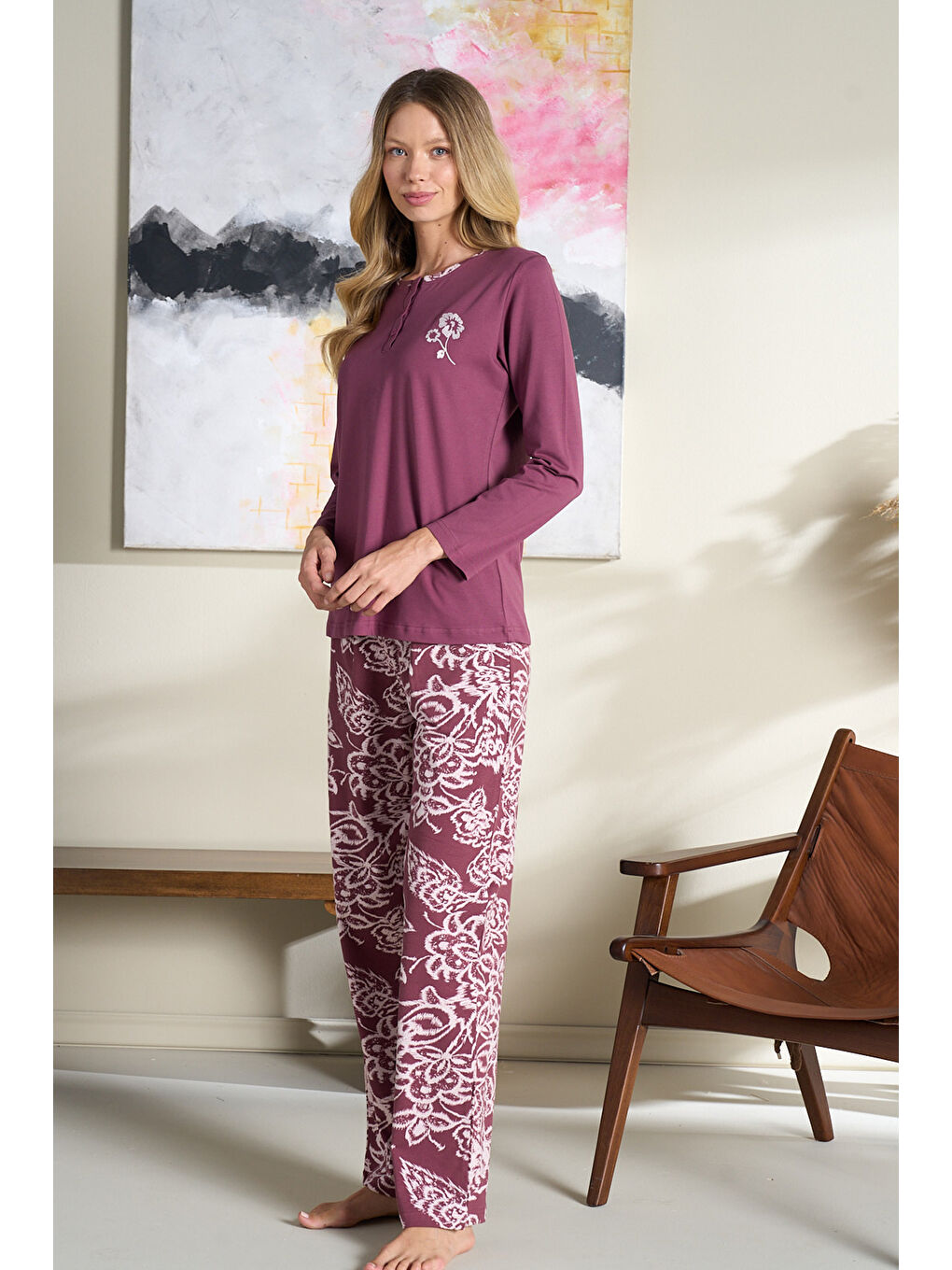Büyük Beden Kadın Penye Uzun Kol Pijama Takımı 3124 Mürdüm-3