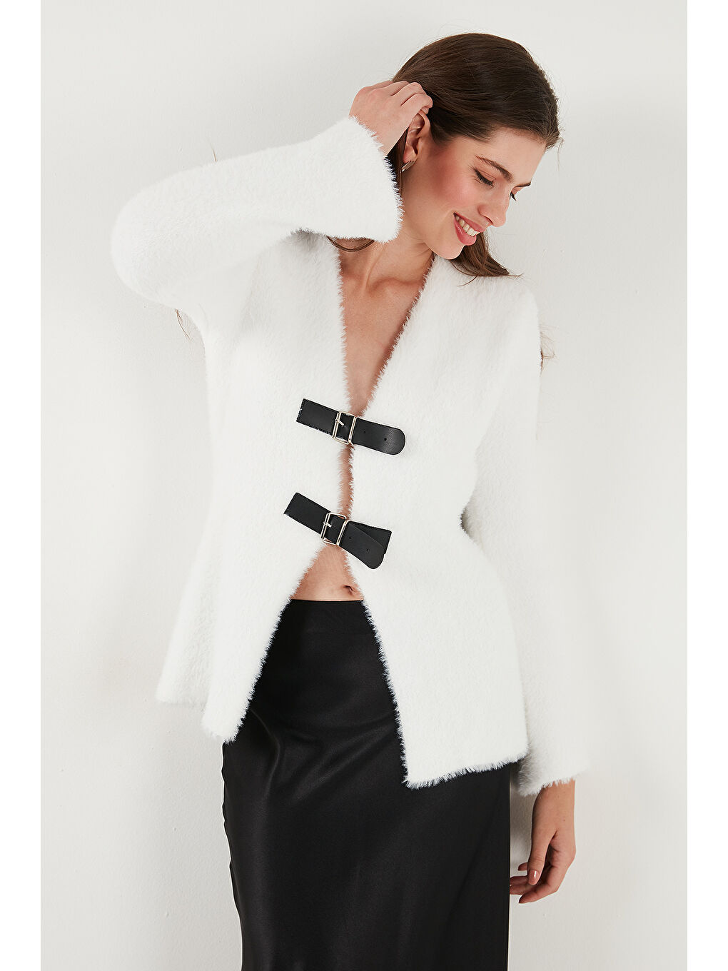 Ekru Premium Regular Fit V Yaka Çift Kemerli Pelüş Hırka 680HI00112-3