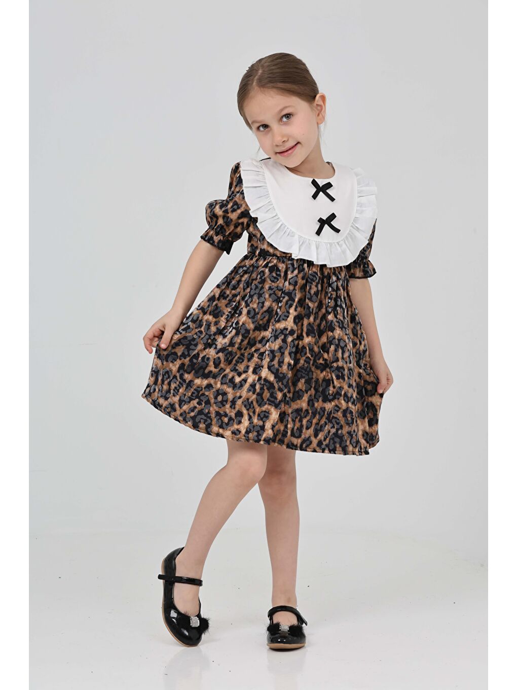 Siyah Kız Çocuk Leopar Leopar Desenli Elbise - 27218-3