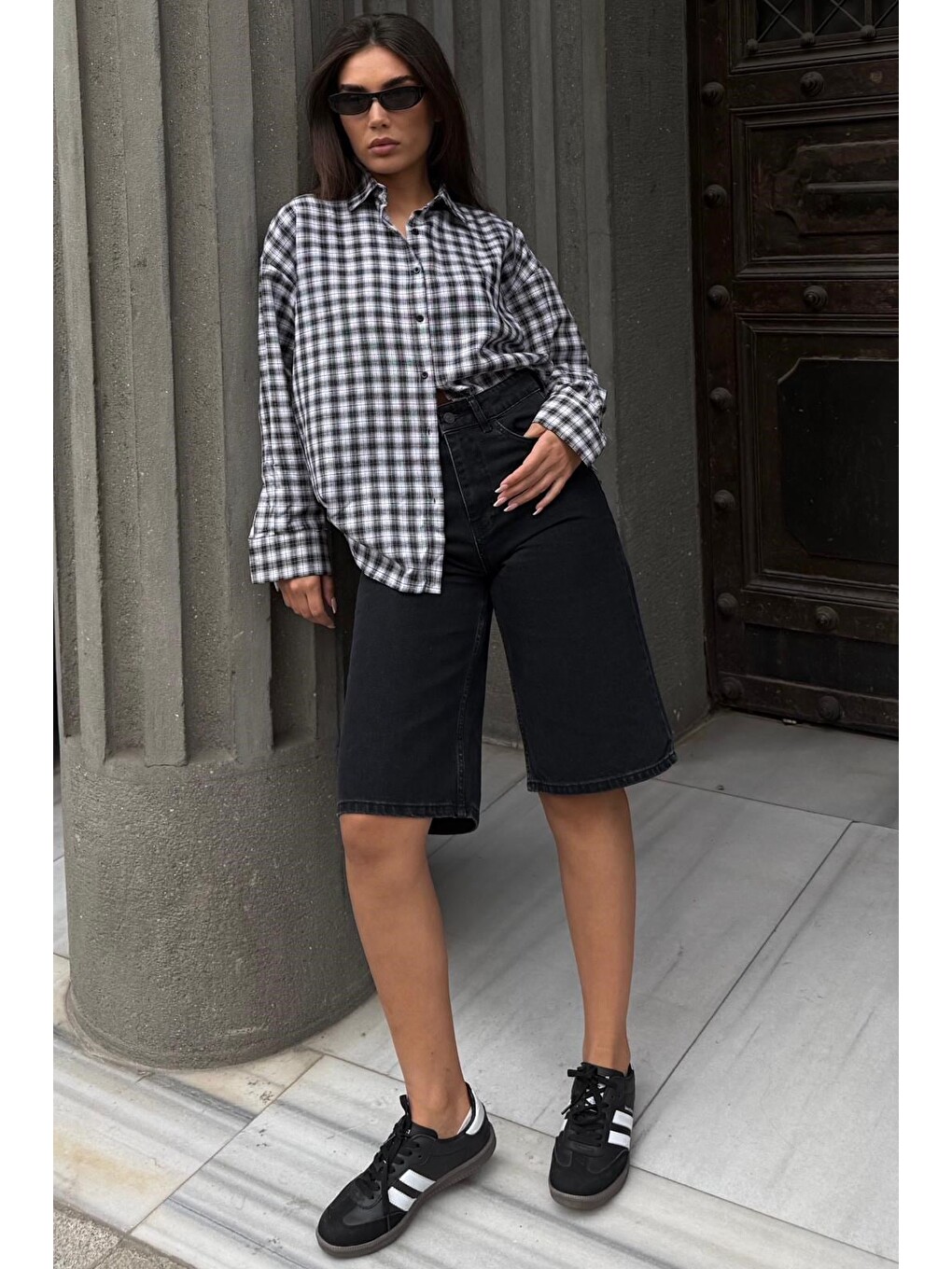 Siyah Oversize Kareli Kadın Gömlek Mg2822-2