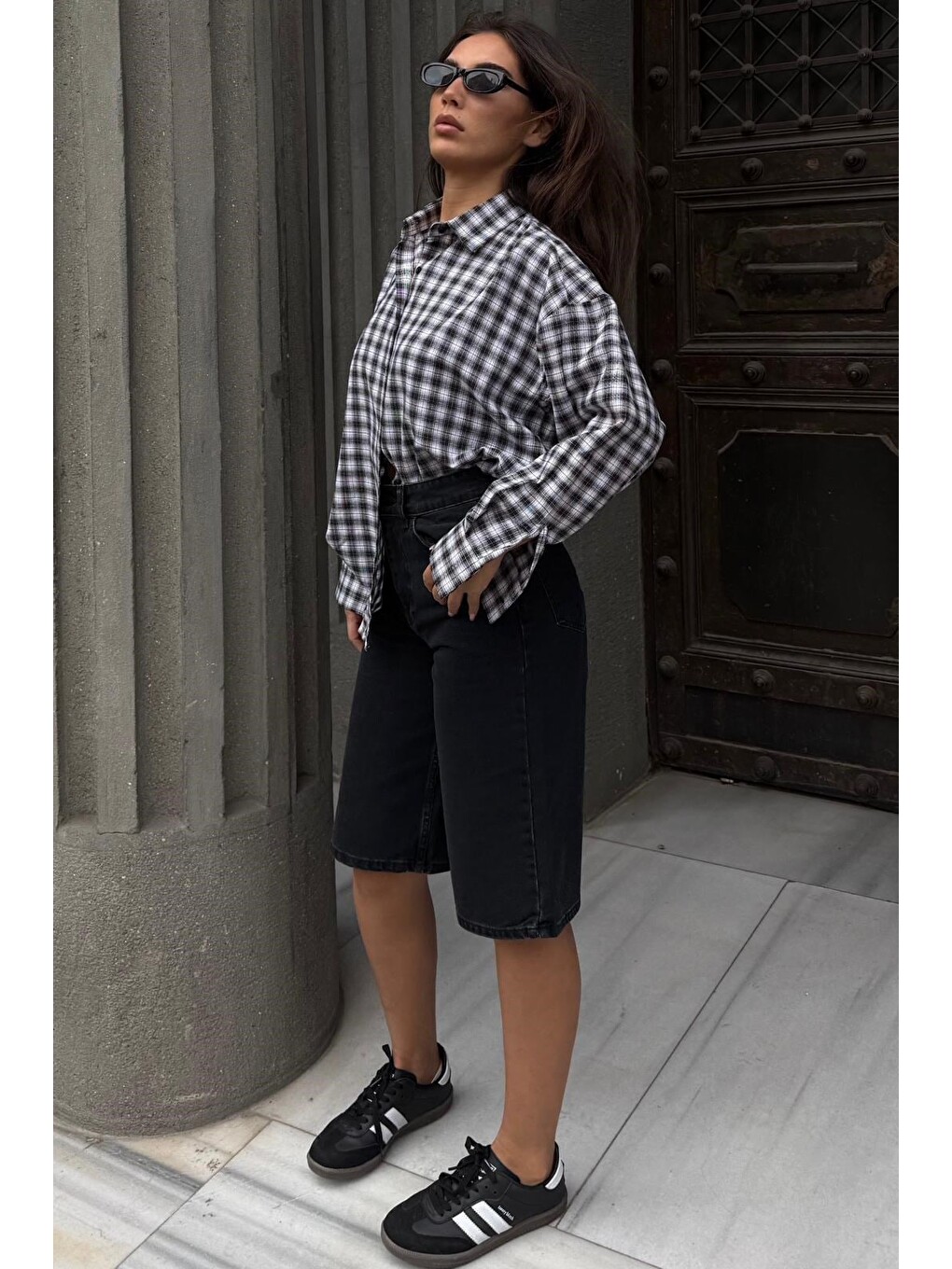 Siyah Oversize Kareli Kadın Gömlek Mg2822-4