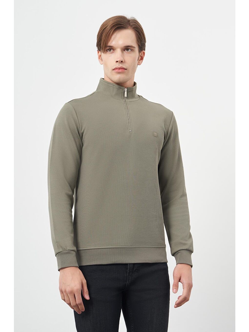 Koyu Haki Örme Hakim Yaka Pamuklu Casual Slim Fit Dar Kesim Sweatshirt 1013245151