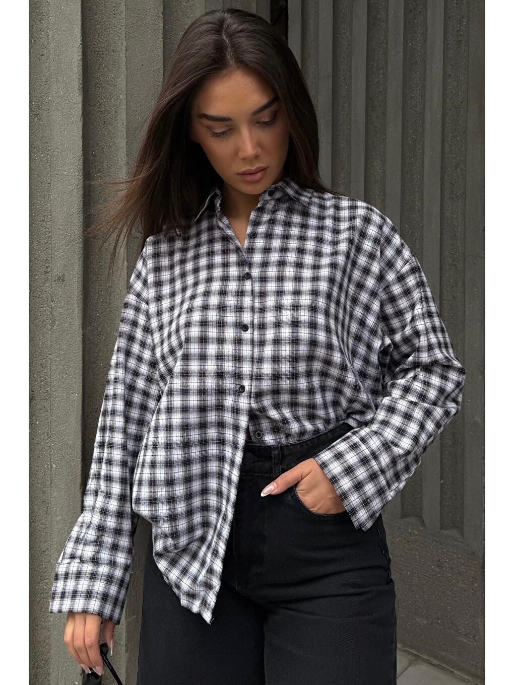 Siyah Oversize Kareli Kadın Gömlek Mg2822-6