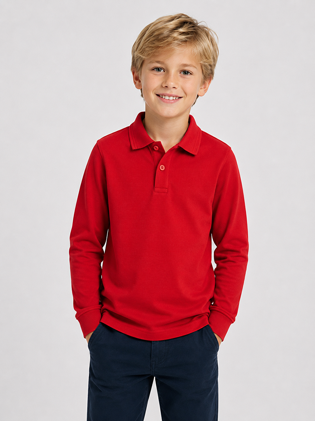 Kırmızı Kids Polo Yaka Basic Uzun Kollu Unisex Erkek Çocuk Tişört