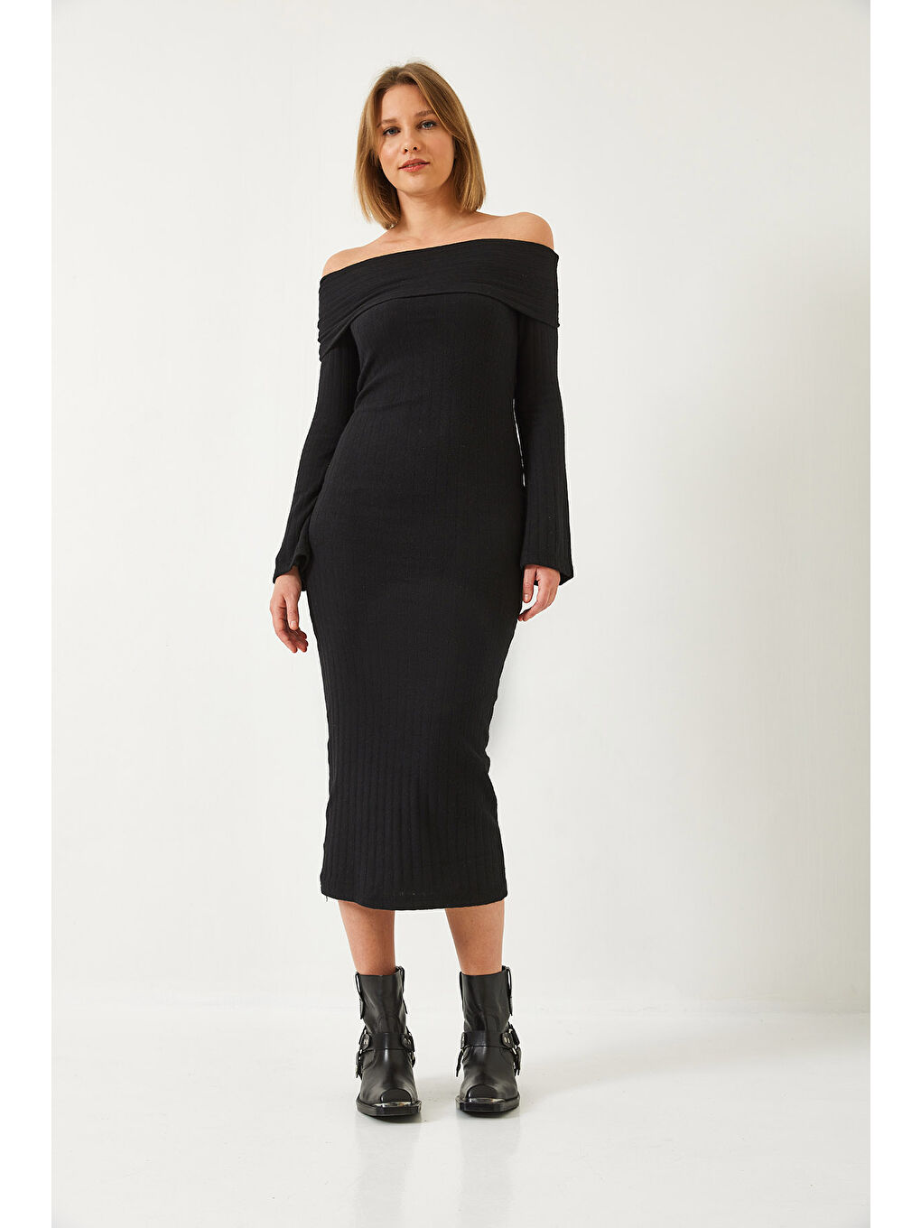 Siyah Kadın Madonna Yaka İspanyol Kol Fitilli Elbise-1