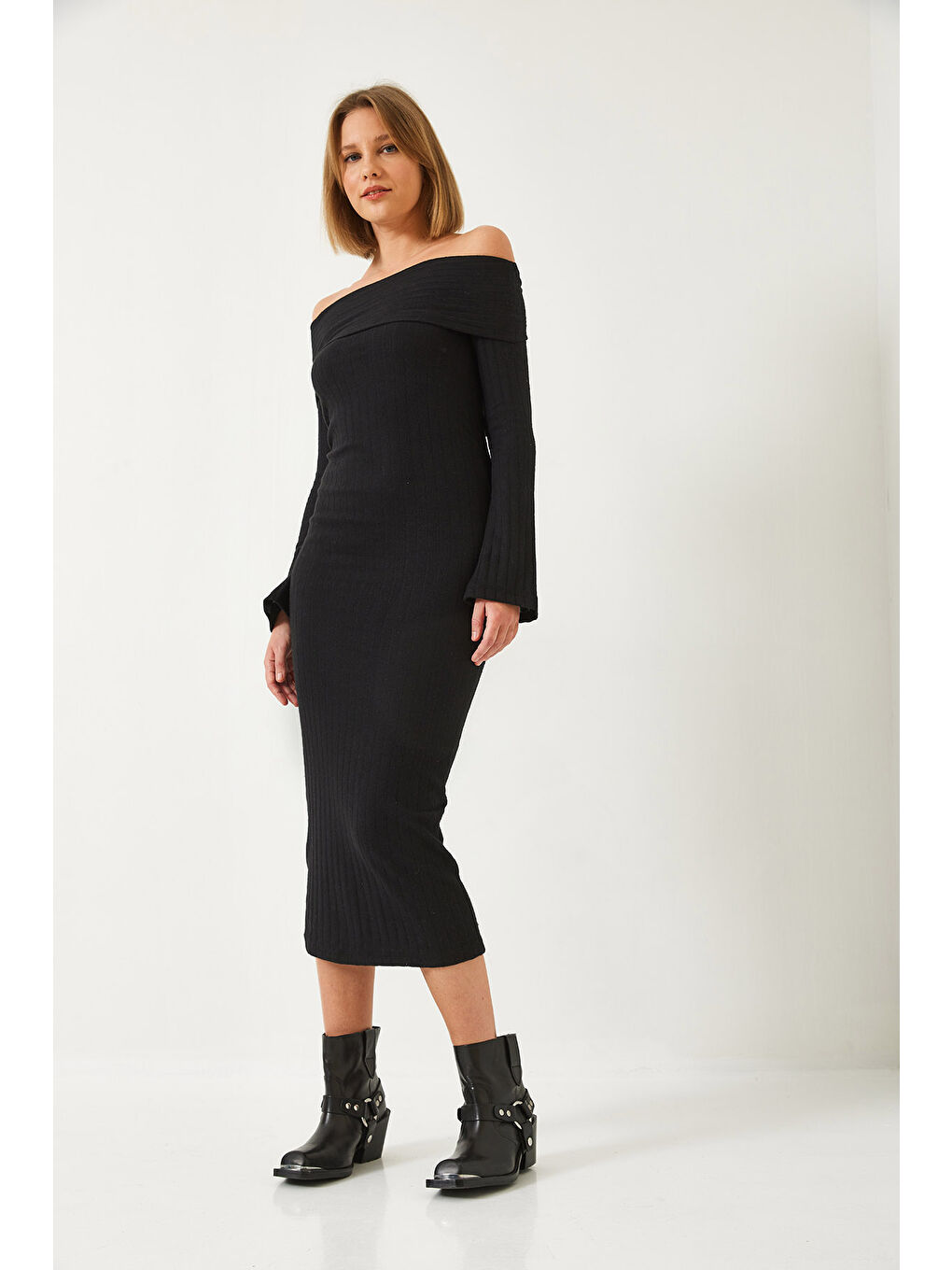 Siyah Kadın Madonna Yaka İspanyol Kol Fitilli Elbise-2