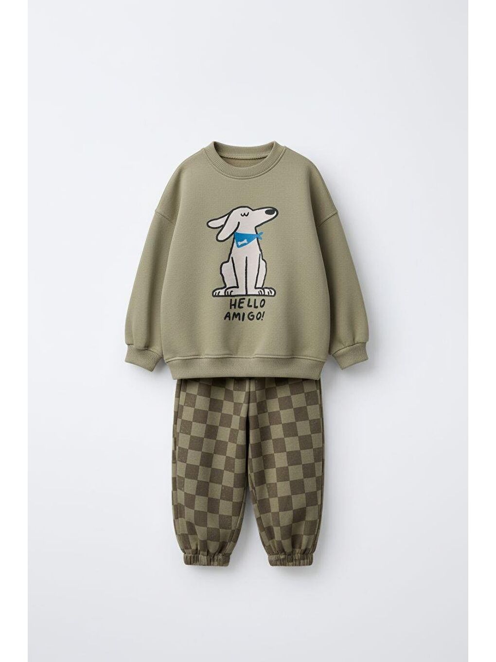 Yeşil Erkek Çocuk Pamuklu Haki Köpek Baskılı Sweatshirt Ve Kare Desenli Eşofman Takımı