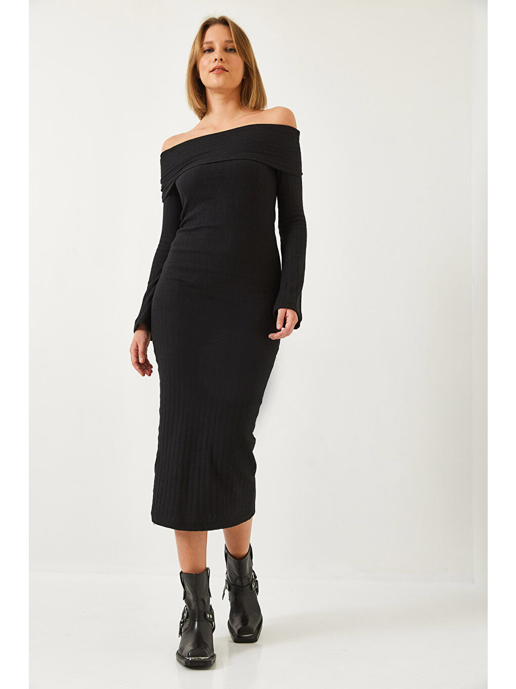 Siyah Kadın Madonna Yaka İspanyol Kol Fitilli Elbise-3