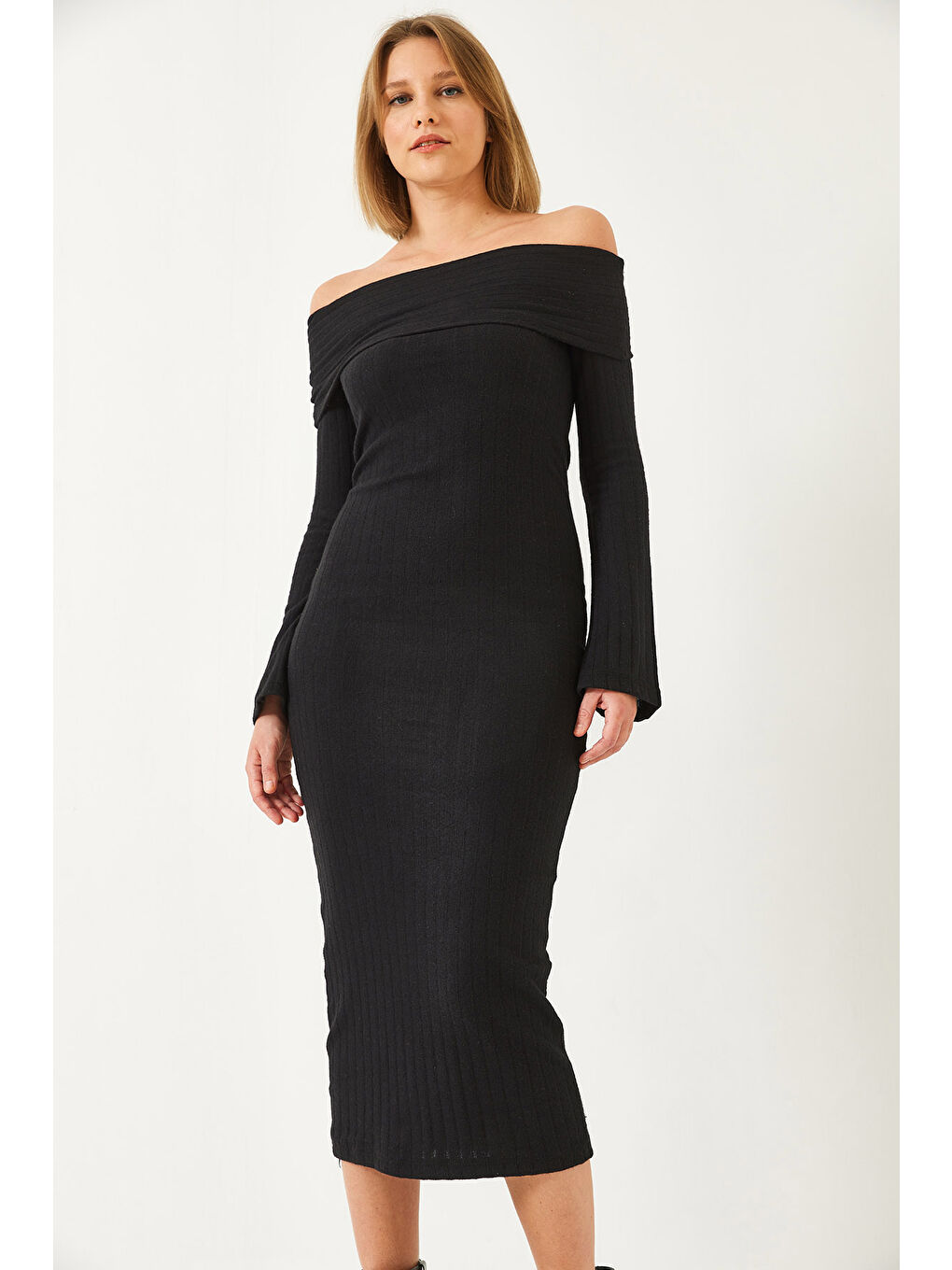 Siyah Kadın Madonna Yaka İspanyol Kol Fitilli Elbise-4