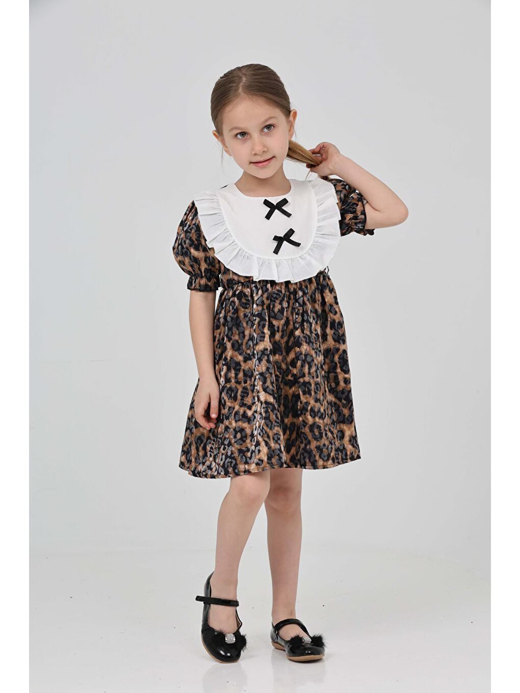Siyah Kız Çocuk Leopar Leopar Desenli Elbise - 27218-5