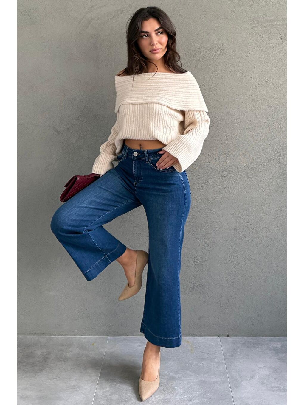 Mavi Düz Kesim Geniş Paça Kadın Flared Jean Mg2630-3