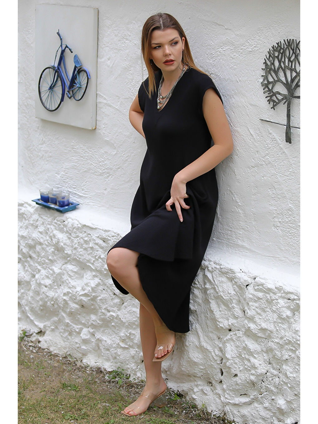 Organik Pamuk Siyah V Yaka Düşük Kol Oval Etekli Midi Boy Dokuma Casual Müslin Elbise-2