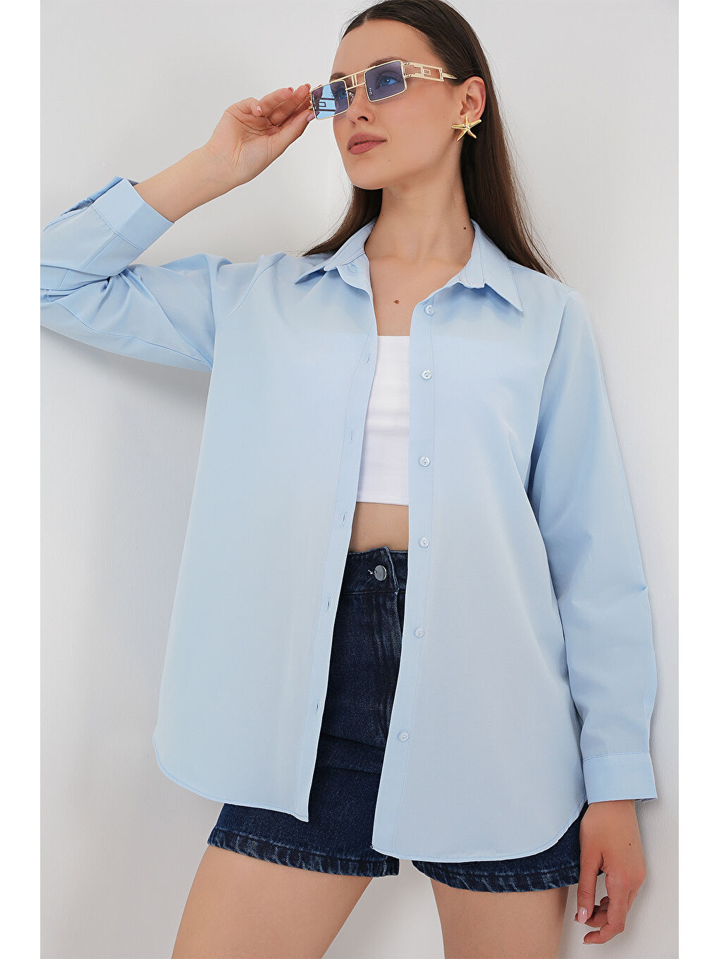 Kadın Uzun Kol Basic Gömlek 20279 - Mavi