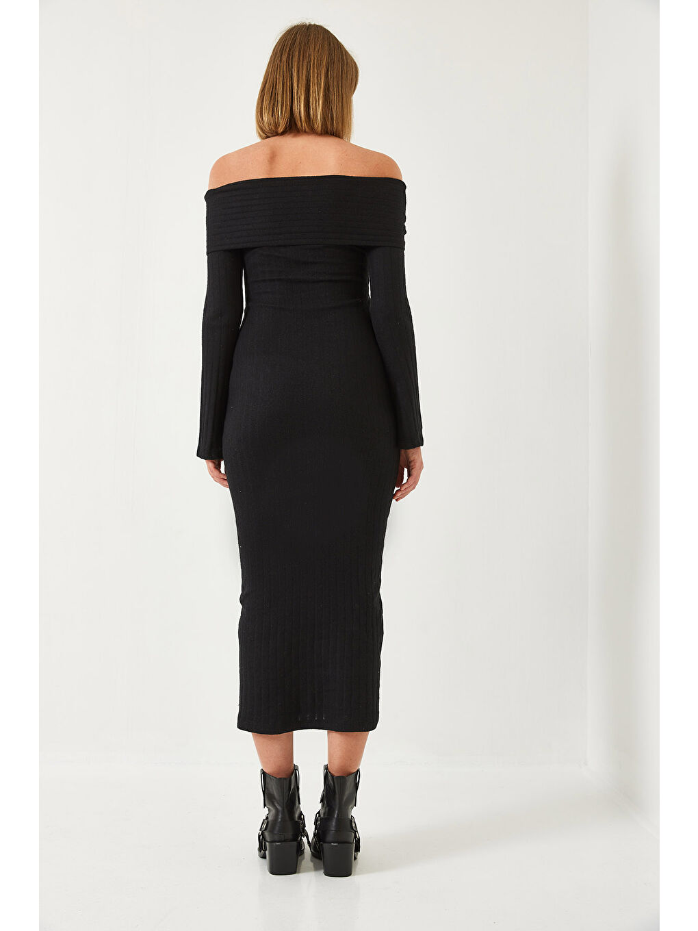 Siyah Kadın Madonna Yaka İspanyol Kol Fitilli Elbise-6