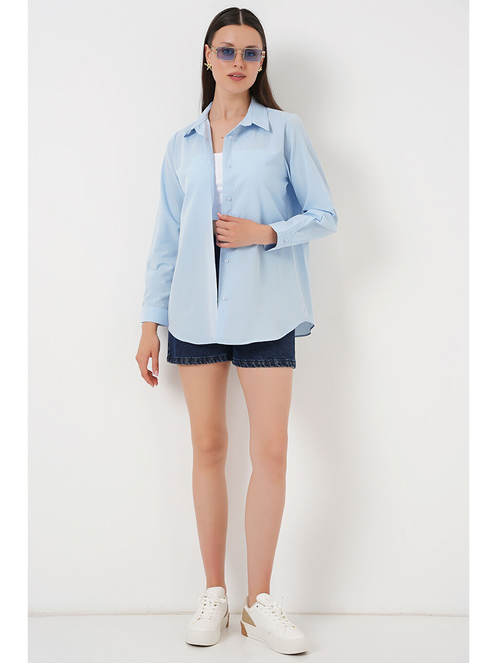 Kadın Uzun Kol Basic Gömlek 20279 - Mavi-1