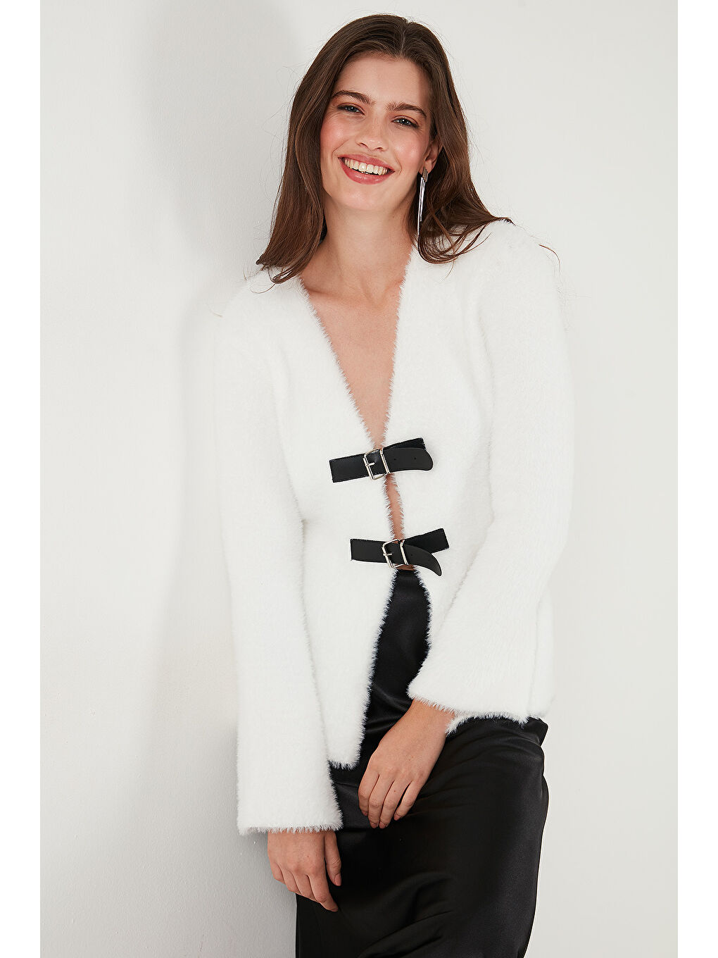 Ekru Premium Regular Fit V Yaka Çift Kemerli Pelüş Hırka 680HI00112-4