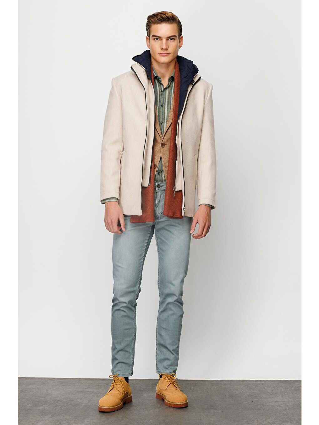 Erkek Bej Kapüşonlu Kaban-2