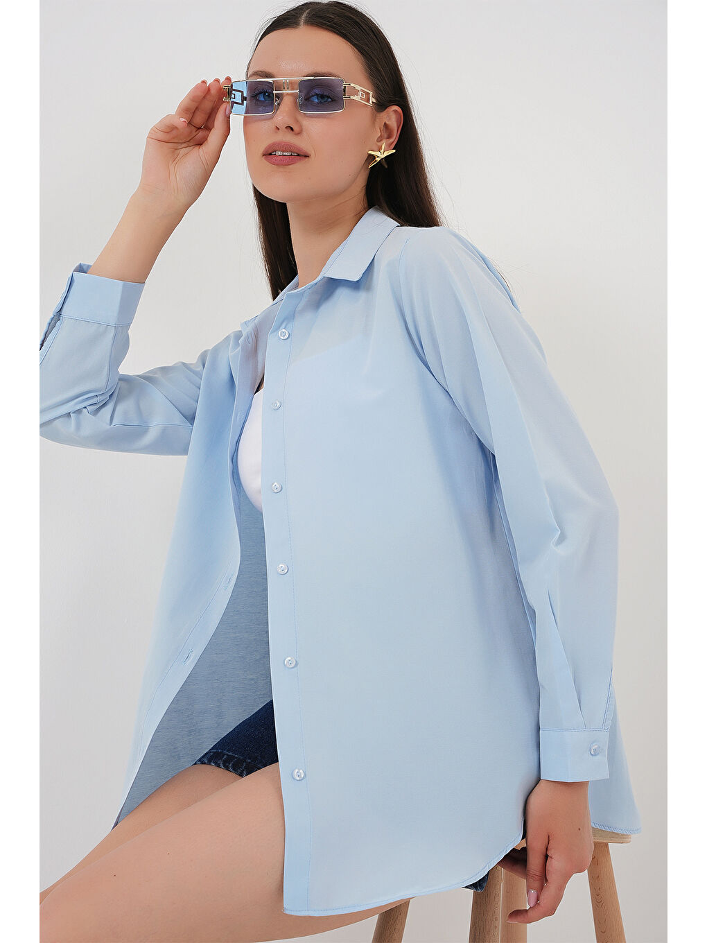 Kadın Uzun Kol Basic Gömlek 20279 - Mavi-2