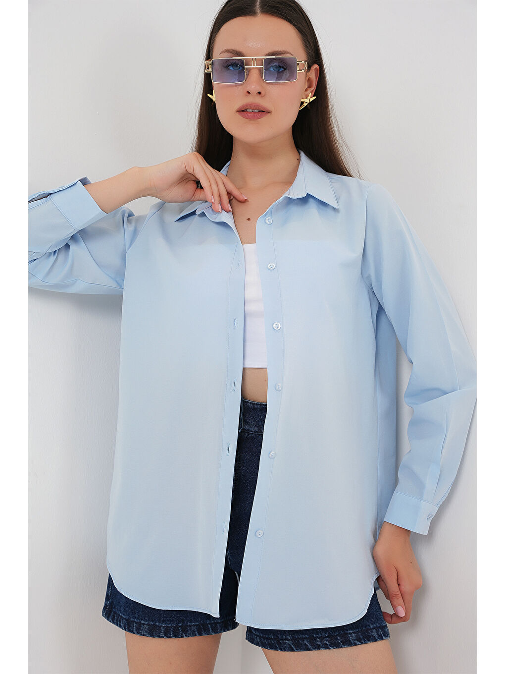 Kadın Uzun Kol Basic Gömlek 20279 - Mavi-3