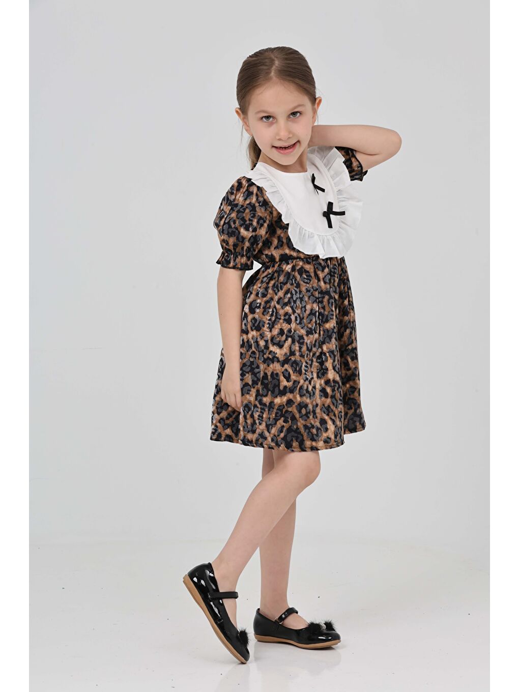 Siyah Kız Çocuk Leopar Leopar Desenli Elbise - 27218-7