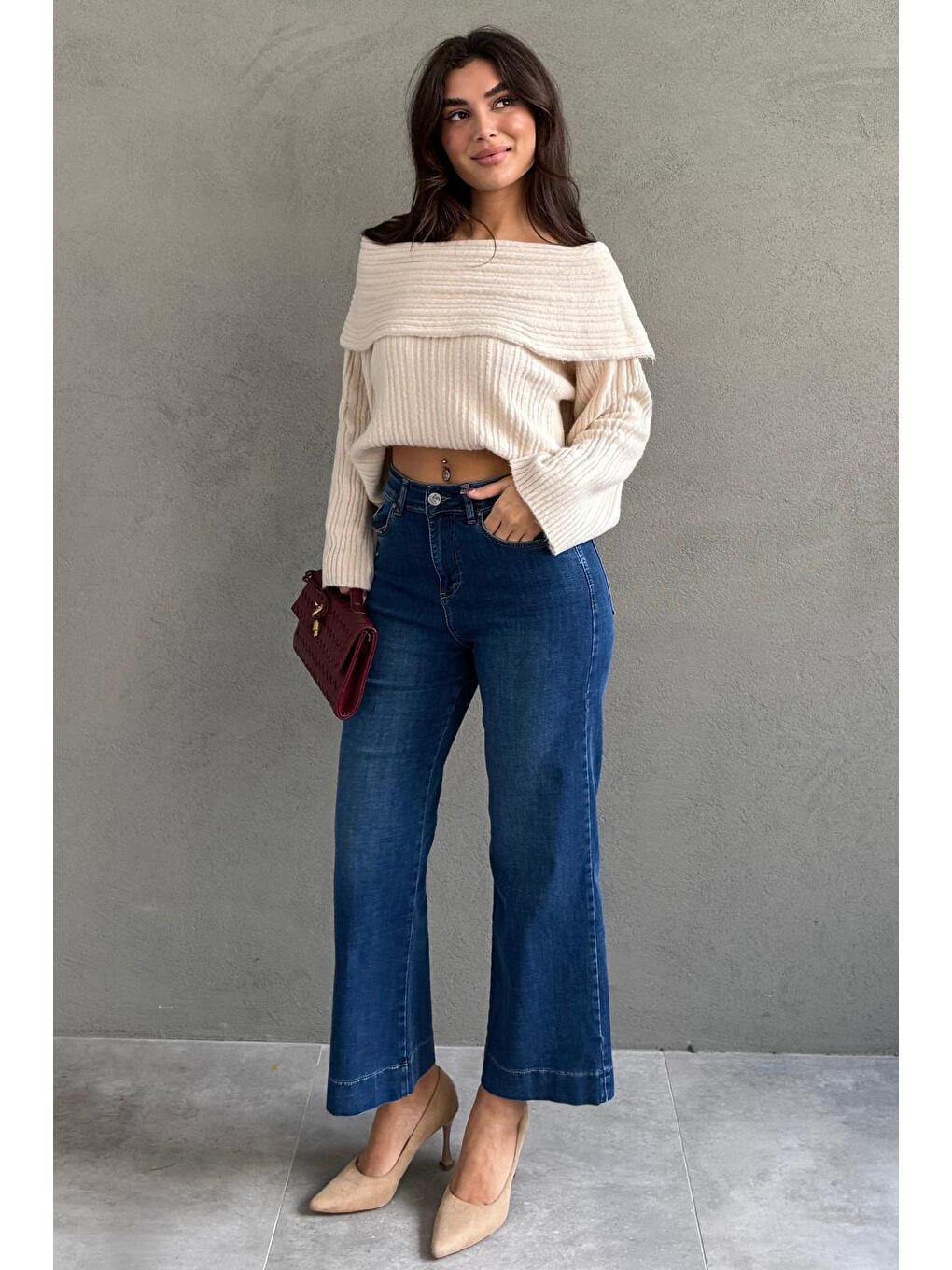 Mavi Düz Kesim Geniş Paça Kadın Flared Jean Mg2630-4