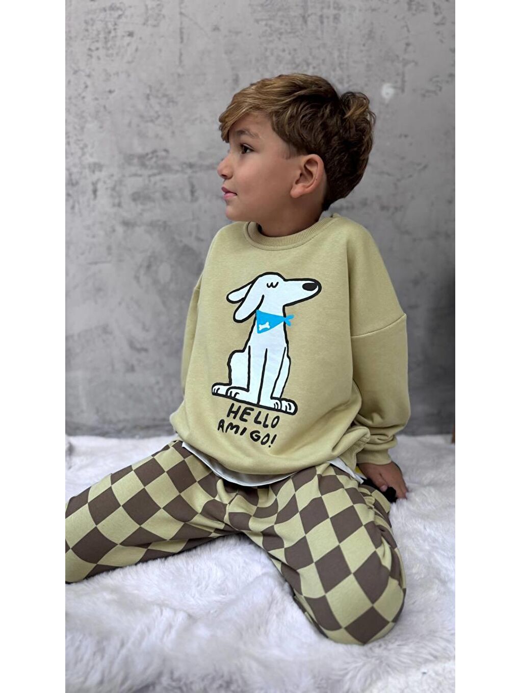 Yeşil Erkek Çocuk Pamuklu Haki Köpek Baskılı Sweatshirt Ve Kare Desenli Eşofman Takımı-2