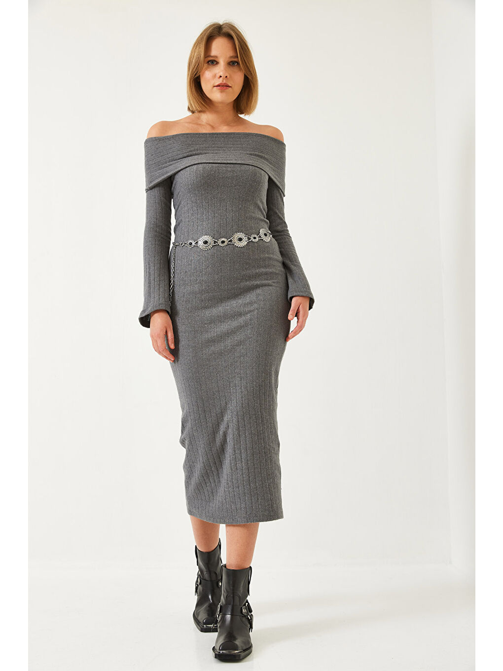 Antrasit Kadın Madonna Yaka İspanyol Kol Fitilli Elbise-1