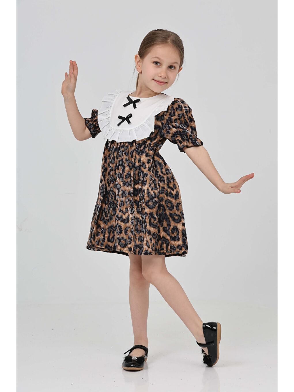 Siyah Kız Çocuk Leopar Leopar Desenli Elbise - 27218-9
