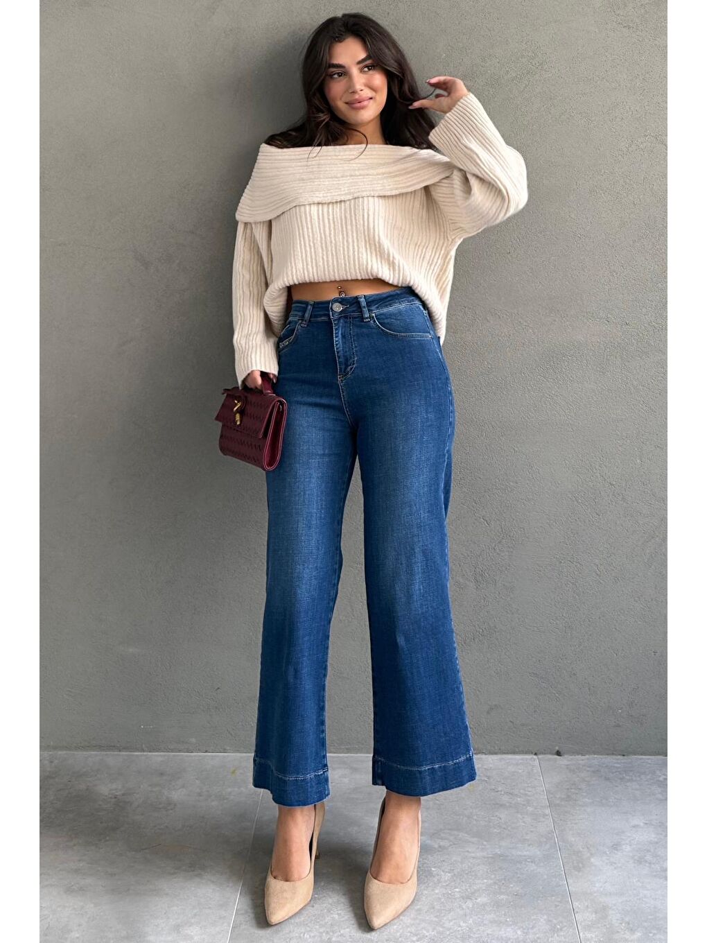 Mavi Düz Kesim Geniş Paça Kadın Flared Jean Mg2630-5