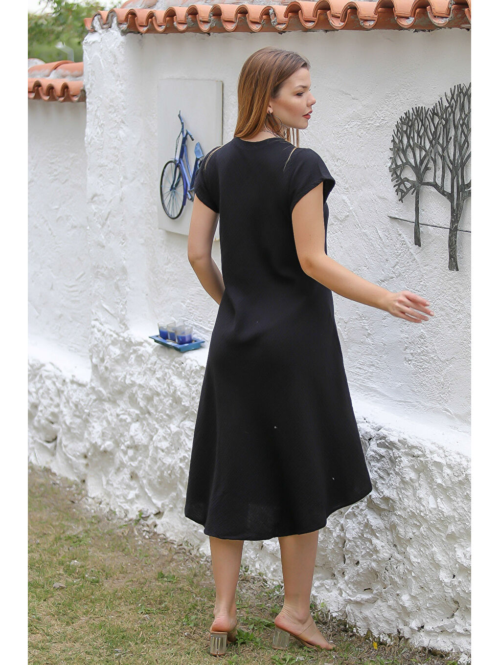 Organik Pamuk Siyah V Yaka Düşük Kol Oval Etekli Midi Boy Dokuma Casual Müslin Elbise-7