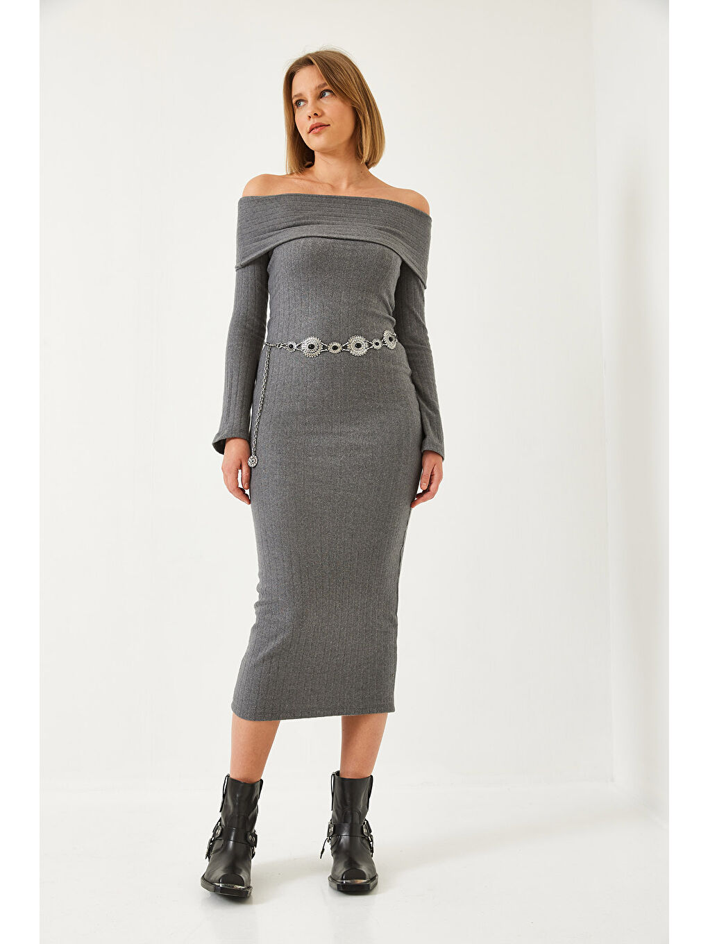 Antrasit Kadın Madonna Yaka İspanyol Kol Fitilli Elbise-3