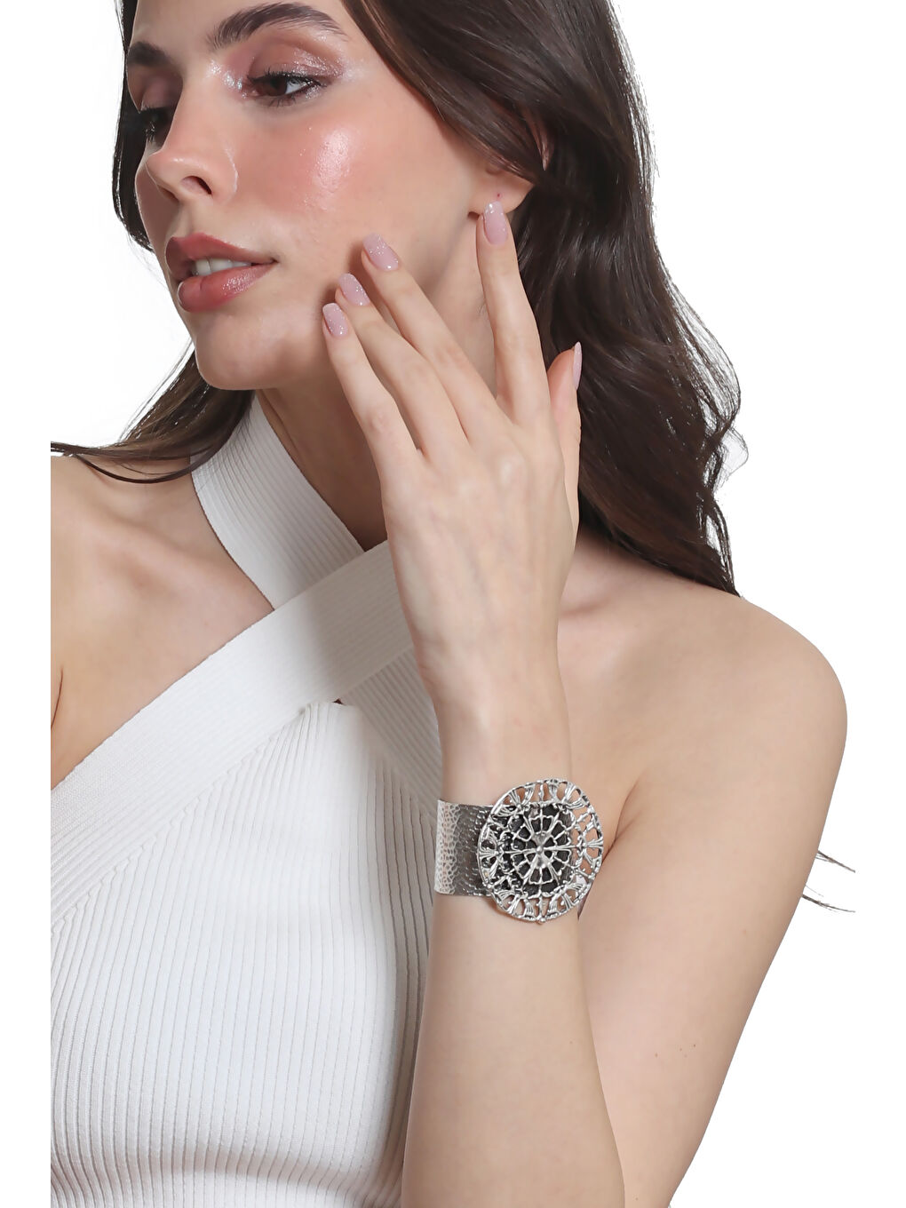 Gri Kadın Antik Gümüş Kaplama Ayarlanabilir Geniş Band Örümcek Ağı Figürlü Bileklik-3