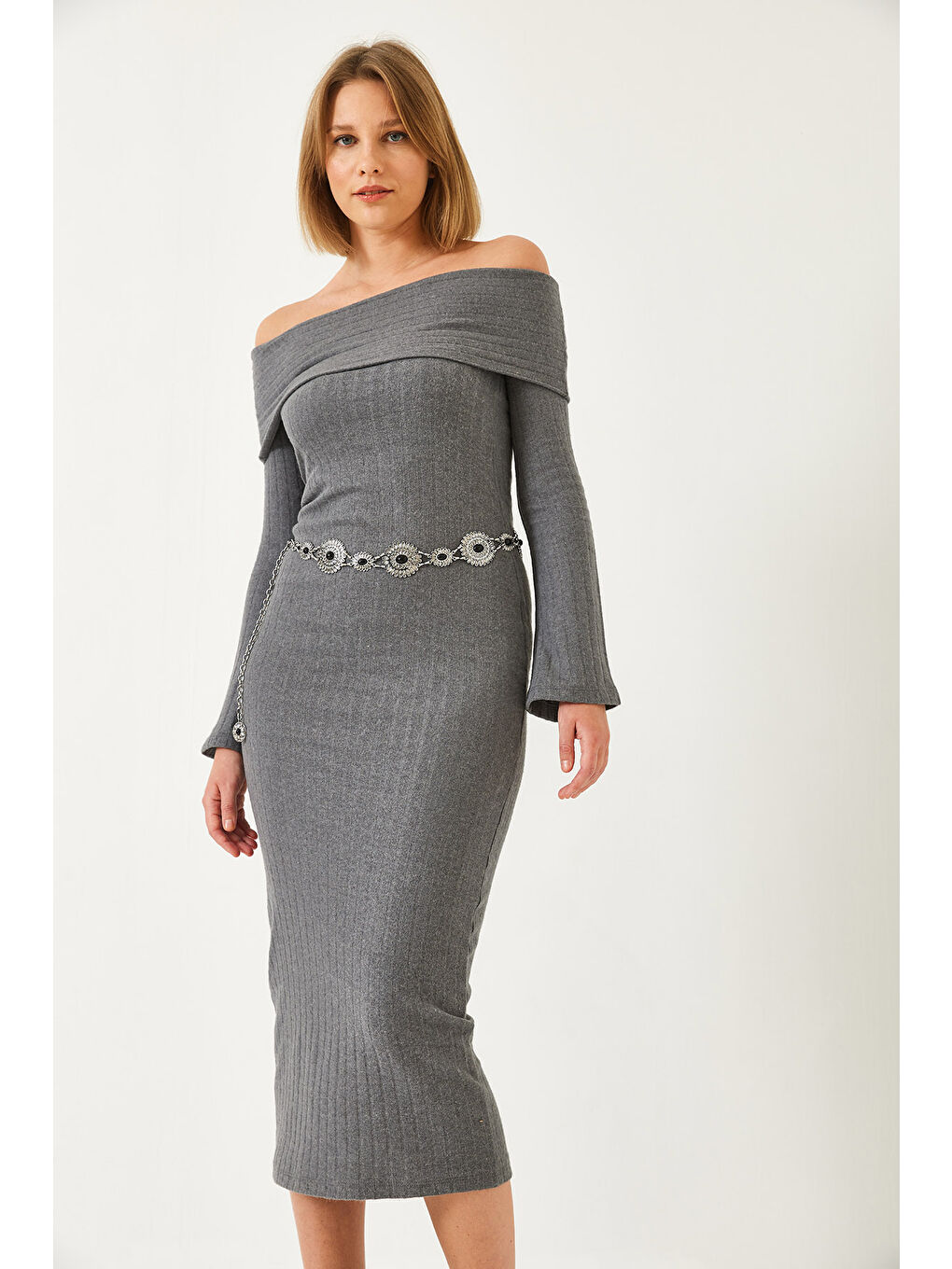 Antrasit Kadın Madonna Yaka İspanyol Kol Fitilli Elbise-4