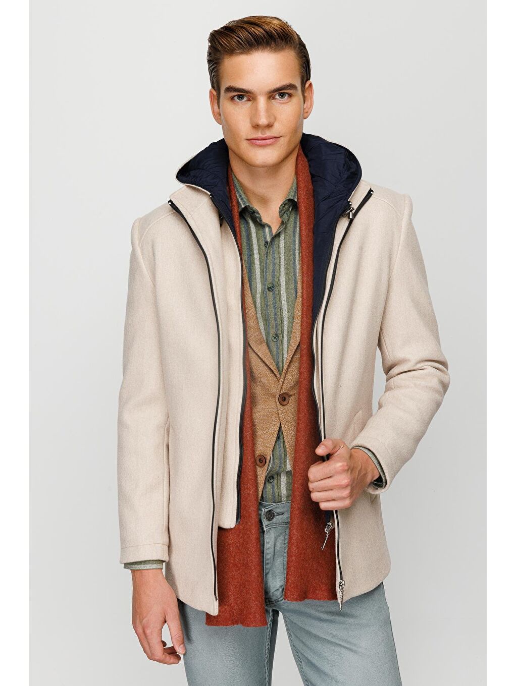 Erkek Bej Kapüşonlu Kaban-4