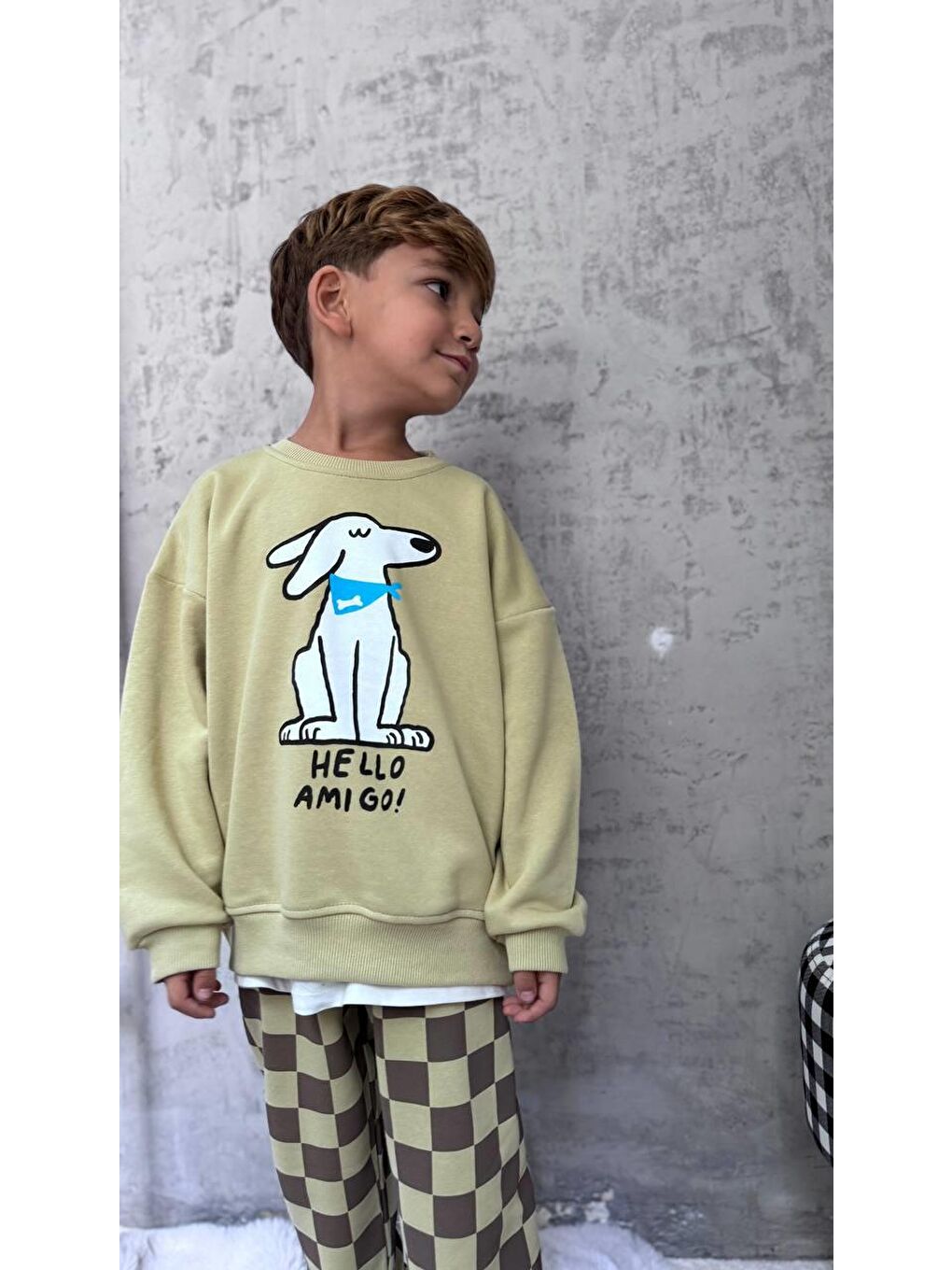 Yeşil Erkek Çocuk Pamuklu Haki Köpek Baskılı Sweatshirt Ve Kare Desenli Eşofman Takımı-3