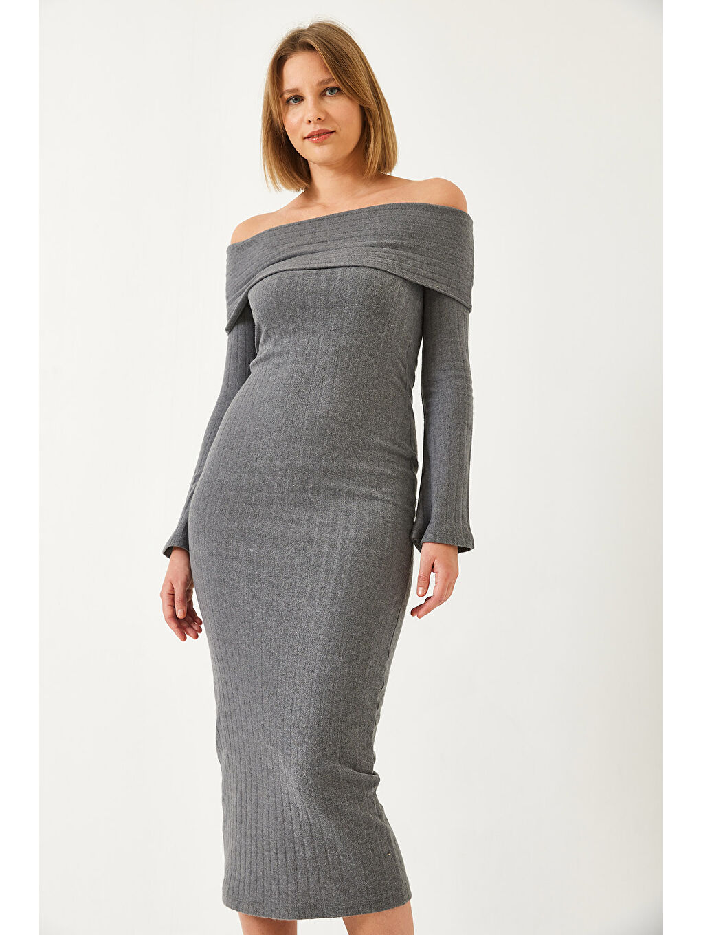 Antrasit Kadın Madonna Yaka İspanyol Kol Fitilli Elbise-5