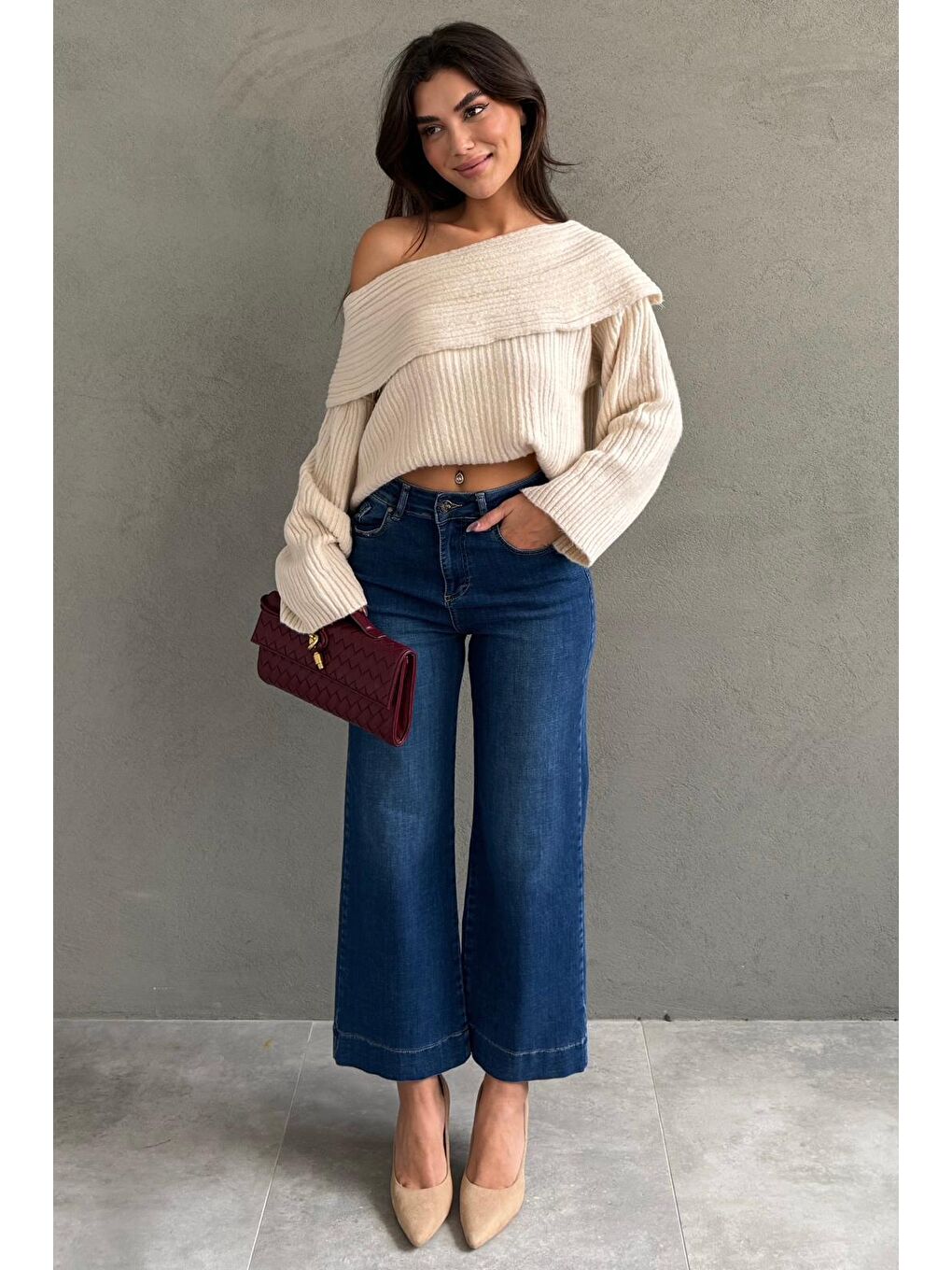 Mavi Düz Kesim Geniş Paça Kadın Flared Jean Mg2630-6