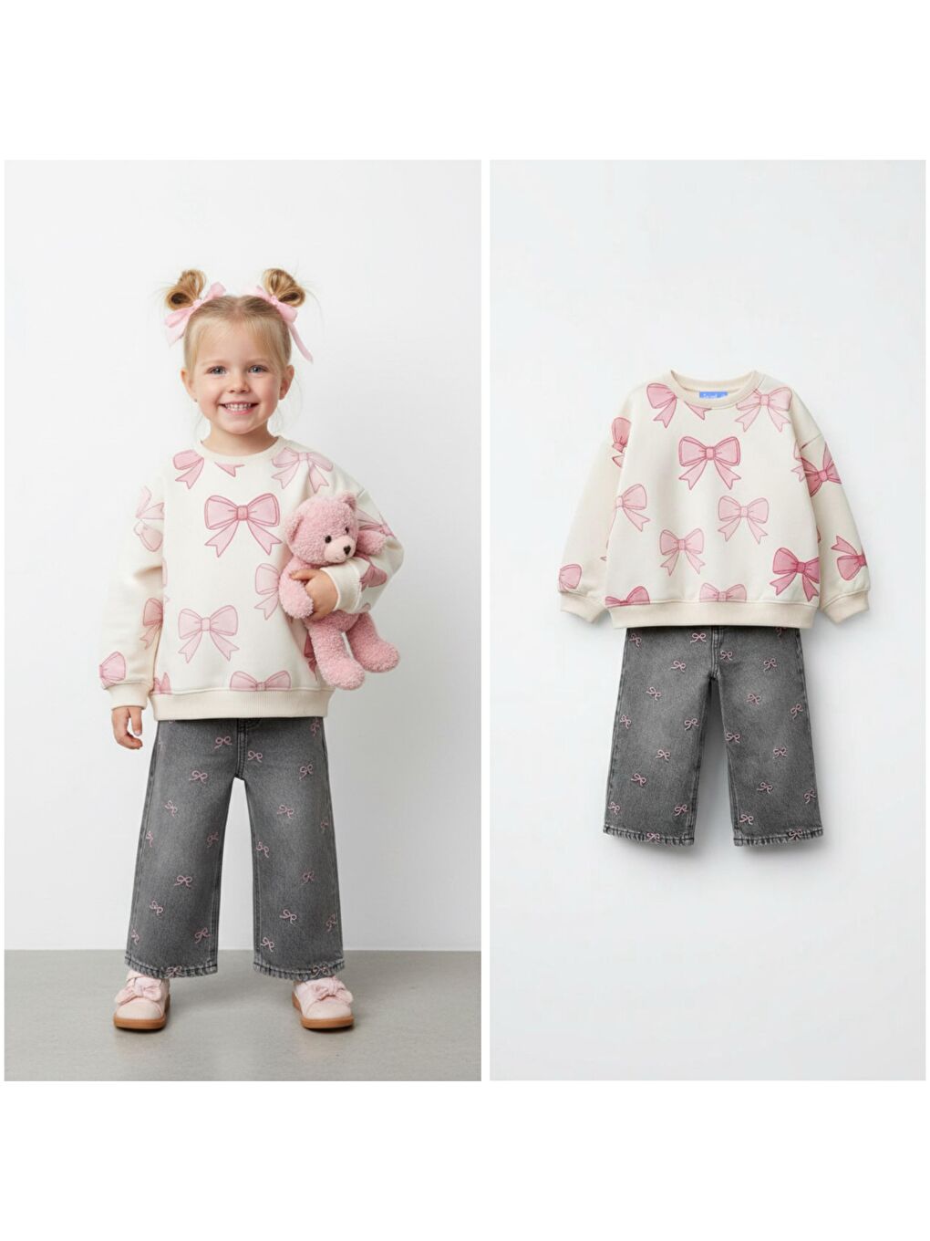 Karışık Kız Çocuk Pamuklu Krem Pembe Fiyonk Desenli Sweatshirt Ve Gri Nakışlı Jean Takım - Günlük Kombin-1